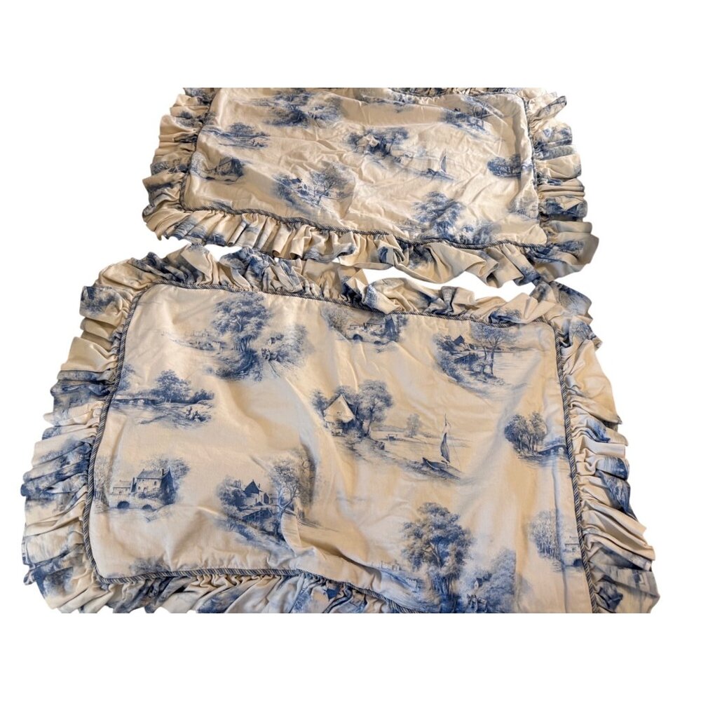 2 French Country Toile Blue Off White Custom made Ruffled Pillow Shams Standard